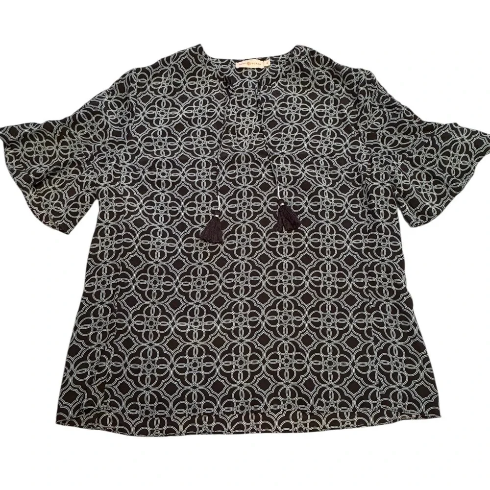 Tory Burch 100% Silk Blouse Top Size 14  Geometric Printed Tassel Tie Boho Chic